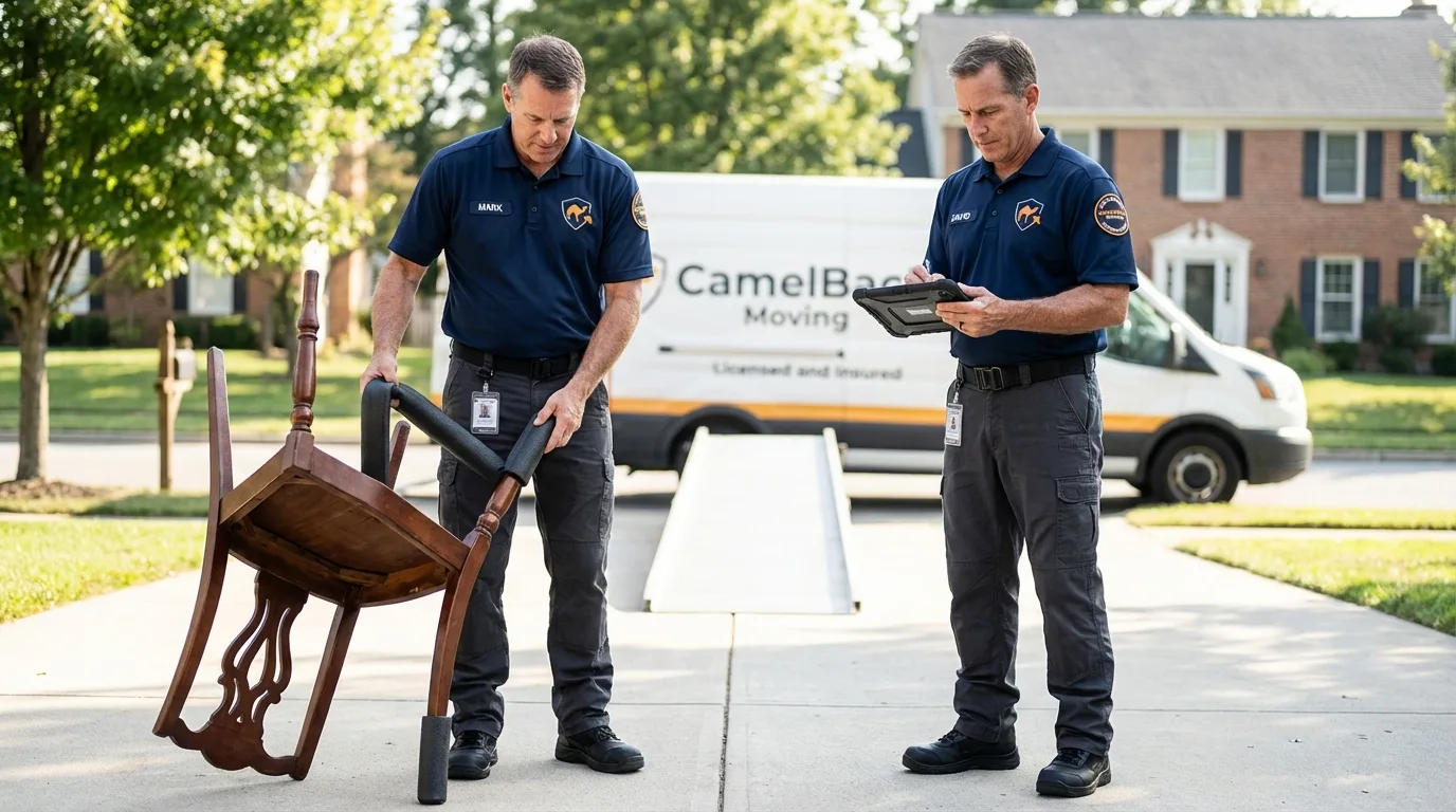 Movers inspecting furniture for damage prevention before loading in Clarkdale, AZ