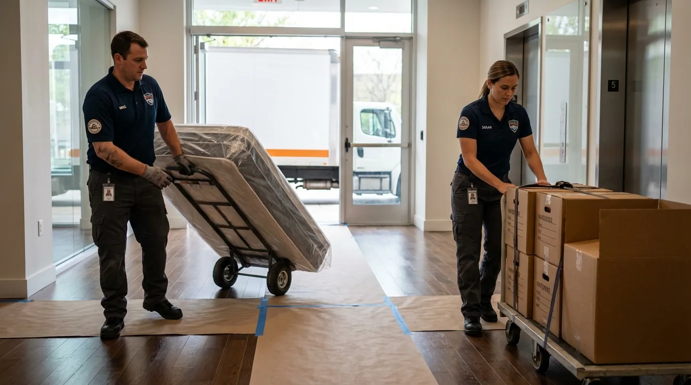 Professional apartment movers loading elevator in Clarkdale, AZ